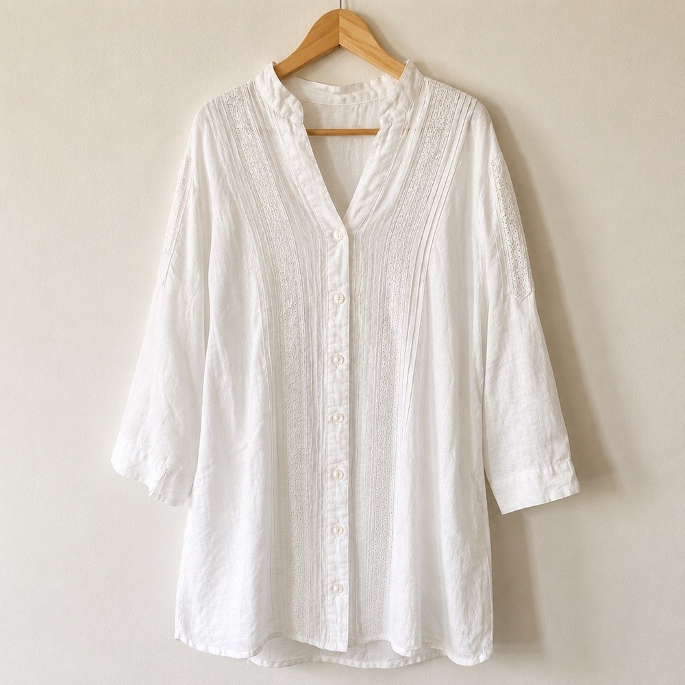 JM Collection White 100% Linen 3/4 Sleeve Tunic Eyelet Pintuck Blouse / Size 16W